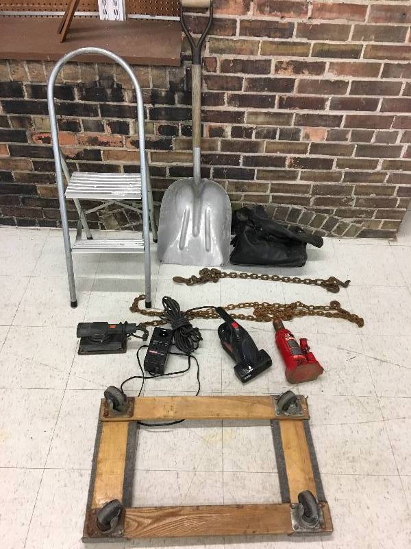 lot 295 image: all items shown   shovel,stepstool,craftsman battery charger, shovel,sander,chains