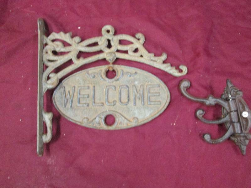 Cast Iron Welcome Sign, Triple Hook...