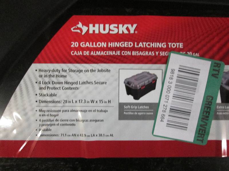 lot 9 image: Husky 20 Gallon Latching Tote Retai...