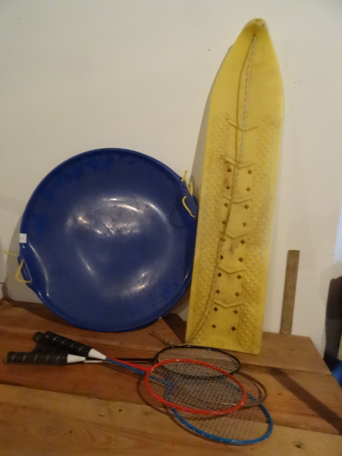 Snow Board, 2 Snow Discs, 4 Badminton Rackets, 2 Kids Plastic Sleds