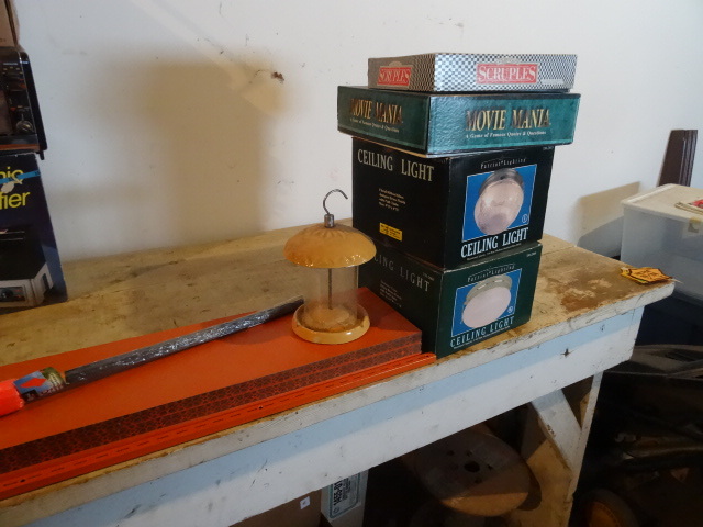 2 Ceiling Lights.  Scruples and Movie Mania Game, Bird Feeder.  Marking Flags