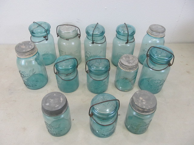 Lot of Antique Blue Canning Jars with Lids