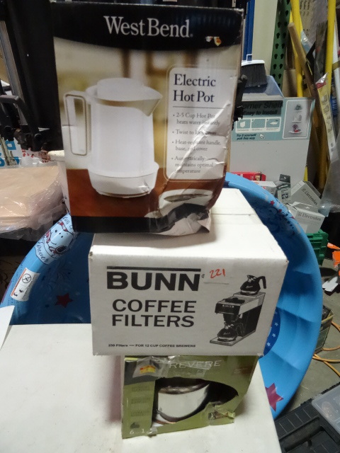 lot 221 image: NEW Kitchen Lot incl. Revere Copper Bottom Stainless Steel Whistling Kettle, West Bend Electric Hot Pot and Bunn Coffee Filters est Retail $48