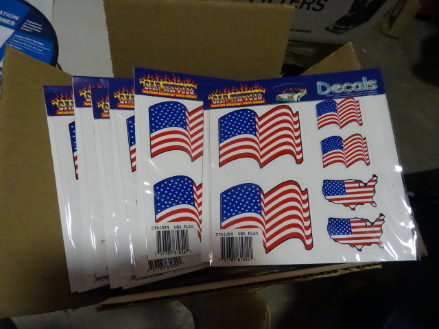 lot 222 image: NEW LARGE LOT American Flag Stickers  Decals Full Case 432 stickers, 12 boxes of 6 sheets each with 6 stickers per sheet. Retail $215