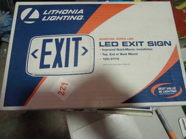 lot 229 image: NEW LOT Qty 2 LED Exit Light Sign Fixtures by Lithonia Lighting 120277 Volt