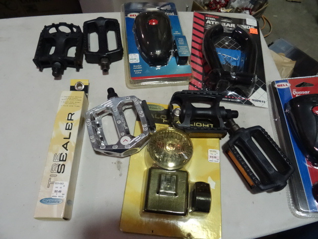 lot 258 image: NEW LOT Bicycle Accessories incl. 2 x Bicycle Light Set, Bike Pedals, Tire Sealer Kit, and ATB Bar Ends. Approx retail $55