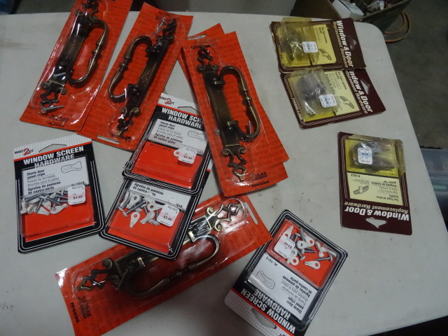 lot 272 image: NEW LOT 5x Large Drawer Pulls, 3x Tee style window replacement handles, Screen Hardware. Approx $40 retail