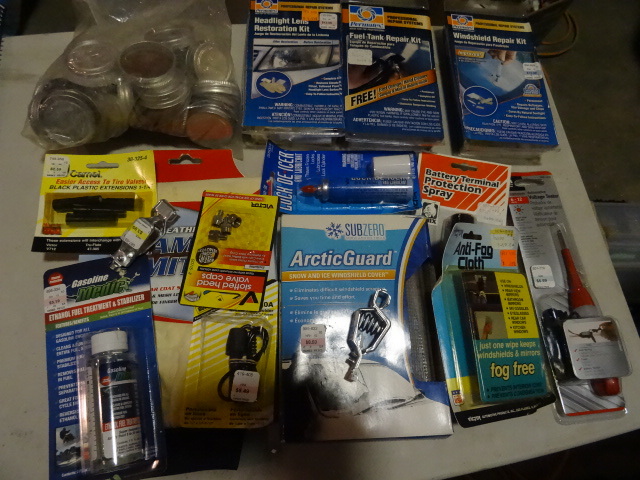 lot 281 image: NEW LOT Automobile Items incl. Windshield Repair Kit, Fuel Tank Repair Kit, Headlight Repair Kit, Voltage TesterChamois Mitt, Gas Caps AND MORE Est. Retail $75