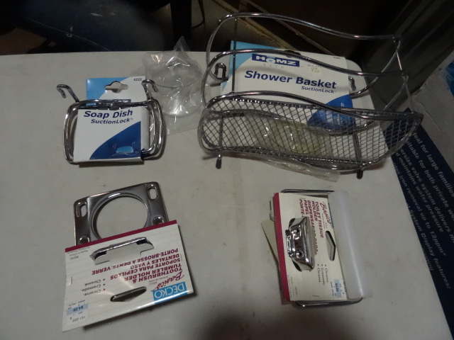 lot 284 image: NEW LOT Bathroom Accessories incl. SS Shower Basket, SS Soap Dish, SS Toilet Paper Hanger, SS Cup and Toothbrush holder