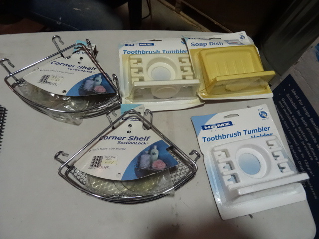 lot 285 image: NEW LOT Bathroon Accessories incl 2x SS Corner Shelves, Soap Dish 2x Toothbrush and cup holders