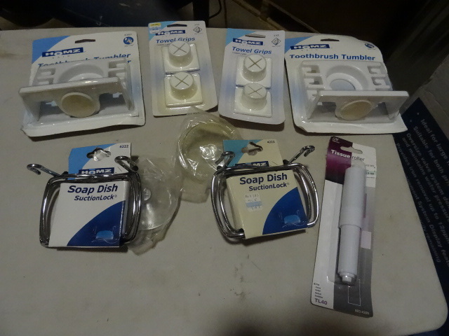 lot 287 image: NEW LOT Bathroom Accessories incl. 2X SS Soap Dishes, 2x Towel Grips, 2x Toothbrush Holders Suction Cups and more.