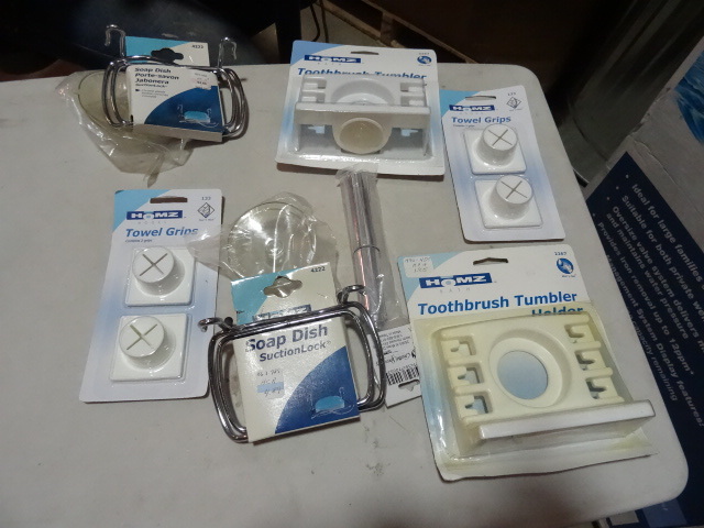 lot 288 image: NEW LOT Bathroom Accessories incl. 2X SS Soap Dishes, 2x Towel Grips, 2x Toothbrush Holders Suction Cups and more.