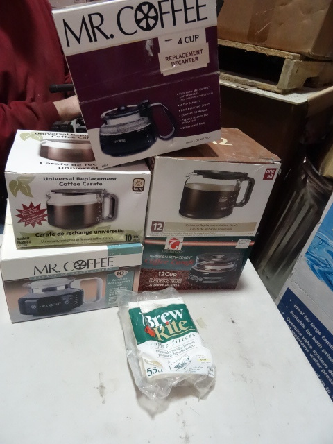 lot 290 image: NEW LOT Qty 5 Coffe Maker Caraffes and Coffee Filters Approx $50 retail value