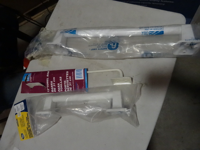 lot 302 image: NEW LOT Qty 3 2x Bathroom Safety Grip Handles and 1x 12in Towl Bar est $65 retail