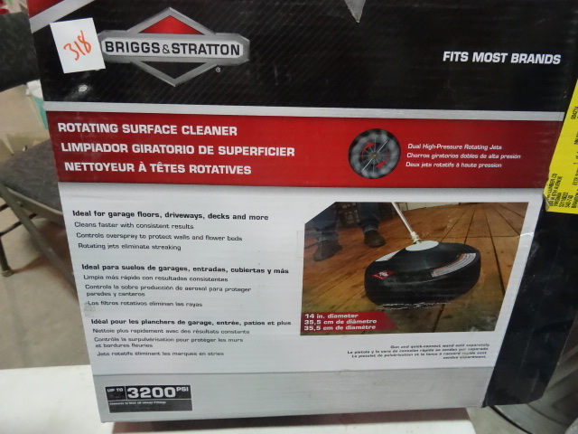 lot 318 image: Briggs and Stratton Rotating Surface Cleaner Attachment for Pressure Washer up to 3200 psi. Model 6328 Open Box. $80 retail