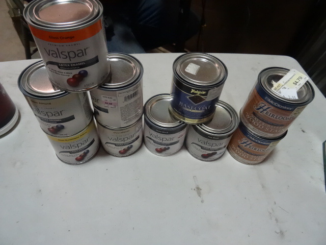 lot 319 image: NEW LOT Qty 10 half pt cans of various paints and stains, Gloss Bumblebee Yellow, Gloss Almond, Gloss Orange, Gloss Black, Flat Black, Provencial and Fruitwood Stains Approx Retail $60