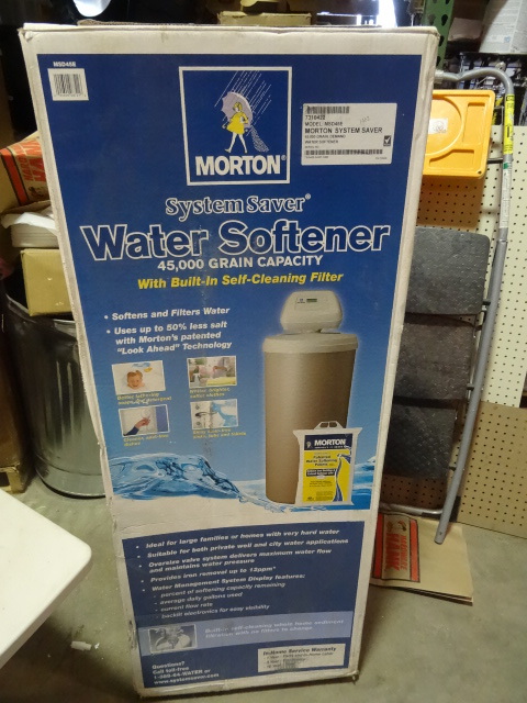 lot 3 image: MORTON System Saver Water Softener. 45,000 Grain. Model MSD45E 210lb salt capacity, 1020 gpm flow rate. Softens and Filters water. This unit appears to have been previously installed.