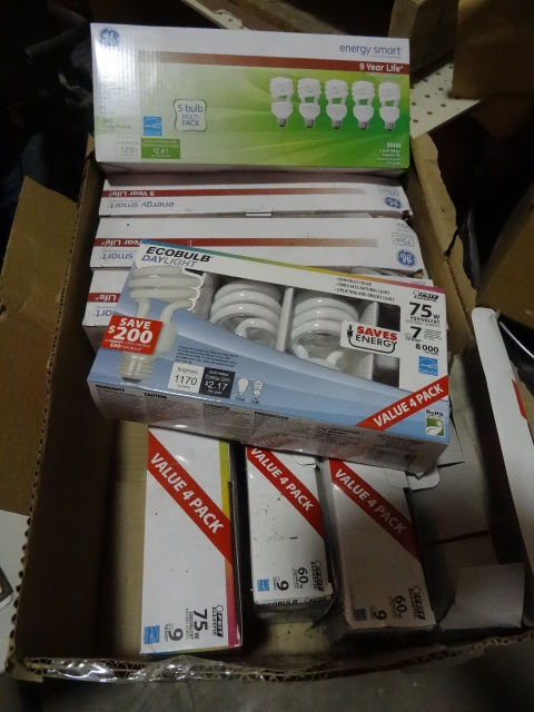 lot 20 image: NEW LARGE LOT Compact Fluorescent Light Bulbs (CFL). Qty 52 Bulbs a few will be broken At lease qty 45 good bulbs