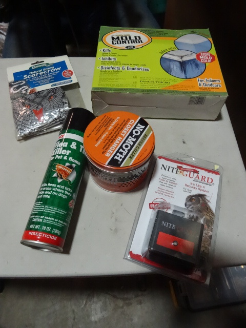 lot 24 image: NEW LOT Misc Items incl. Mold Control Kit, Scarecrow Inflatable Snake, Flea and Tick Killer, No Moth Closet hanger and Nite Guard Animal Repeller