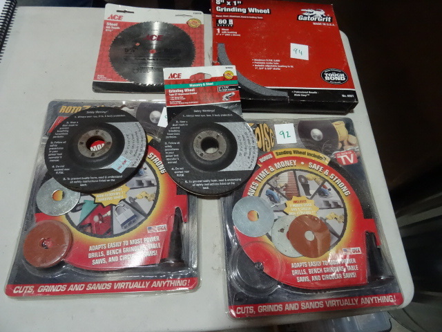 lot 25 image: NEW LOT Cutoof and Grinding Wheels. 8X1 in Grinding Wheel, 2x 5.5 in Grinding Wheels and 2x Roto7 Drill Powered CutGrindSand wheel kits