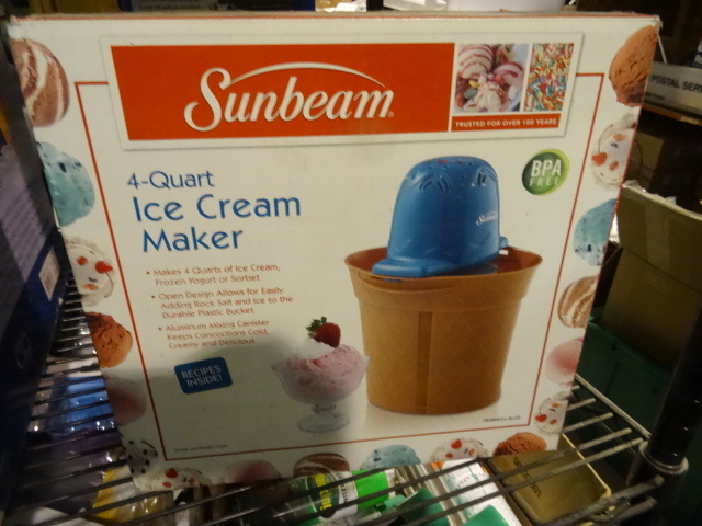 lot 43 image: Open Box Sunbeam 4 Qt Ice Cream Maker. Not Tested