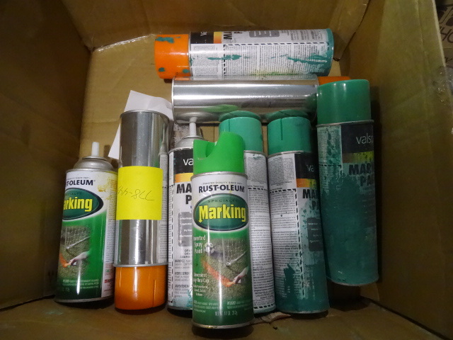 lot 46 image: NEW Qty 9 Cans Fluorescent Orange and Green Marking Paint. A can exploded and covered the pother cans with paint. Other than the cosmetic damage, all is good.