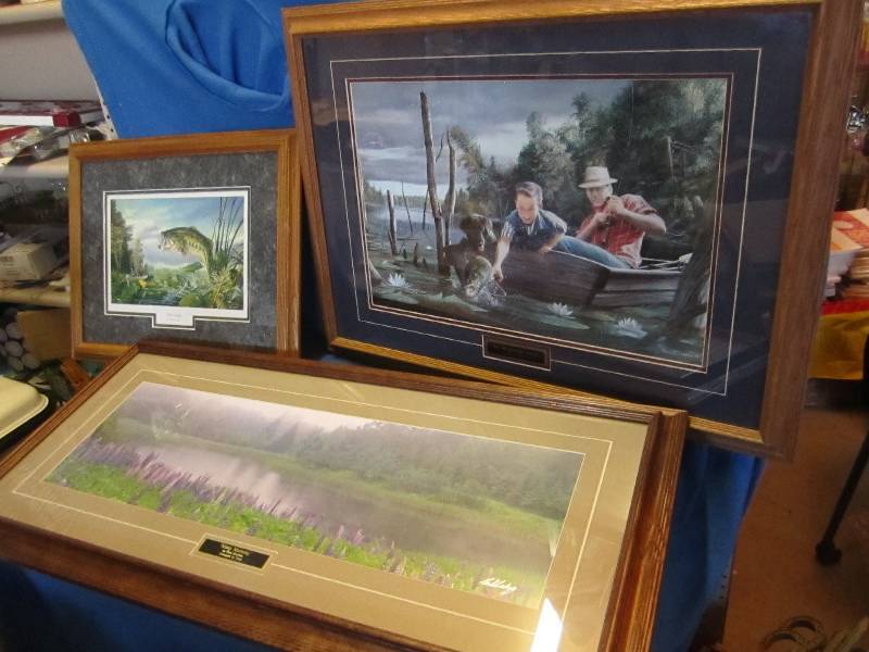 3 framed and matted fishing prints...