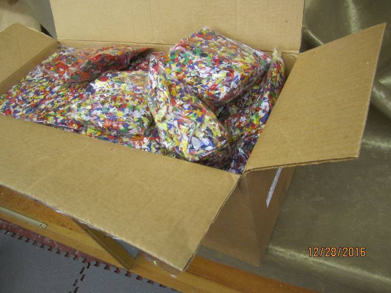 Box filled with confetti bags...