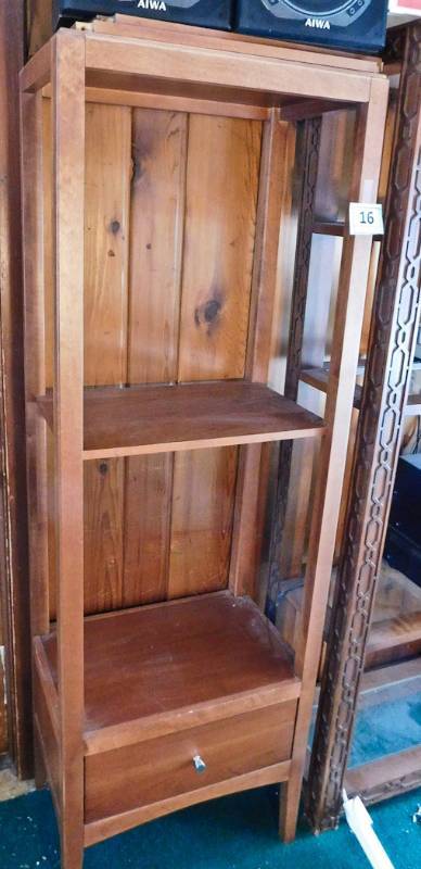 lot 16 image: wooden shelf unit with 1 drawer