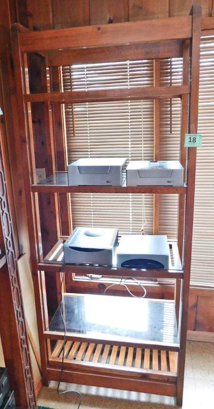 lot 18 image: wood and glass shelf unit