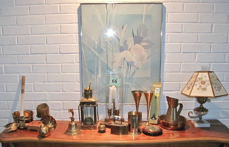 lot 66 image: lot of brass items and a print