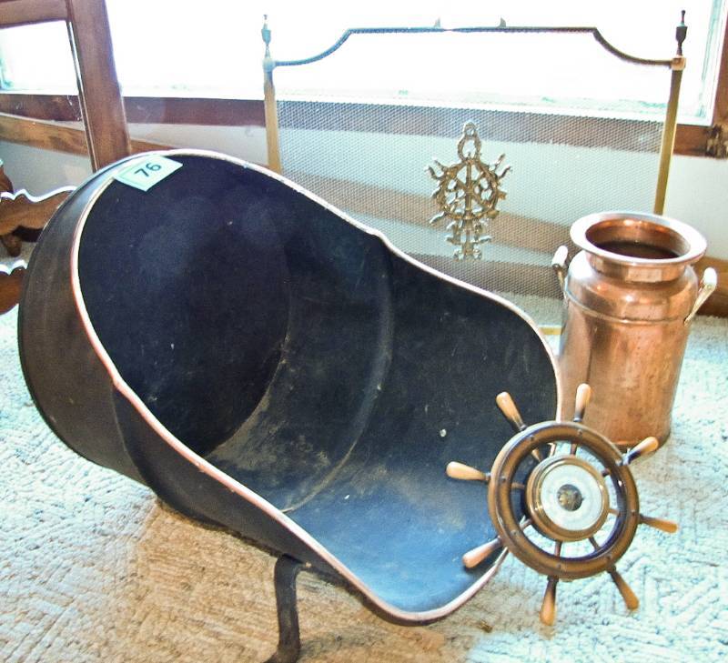 lot 76 image: metal firewood holder, fireplace screen, copper milk can