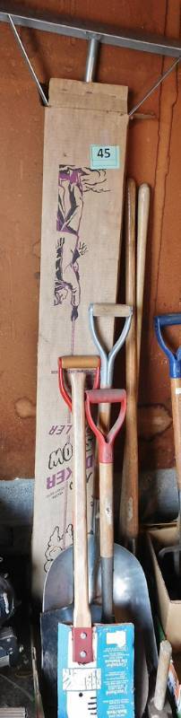 lot 45 image: roof rake, shovels and sledge hammers