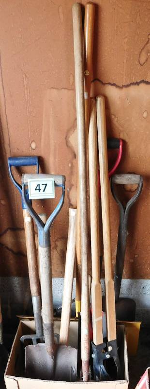lot 47 image: shovels, axe, hammers and more