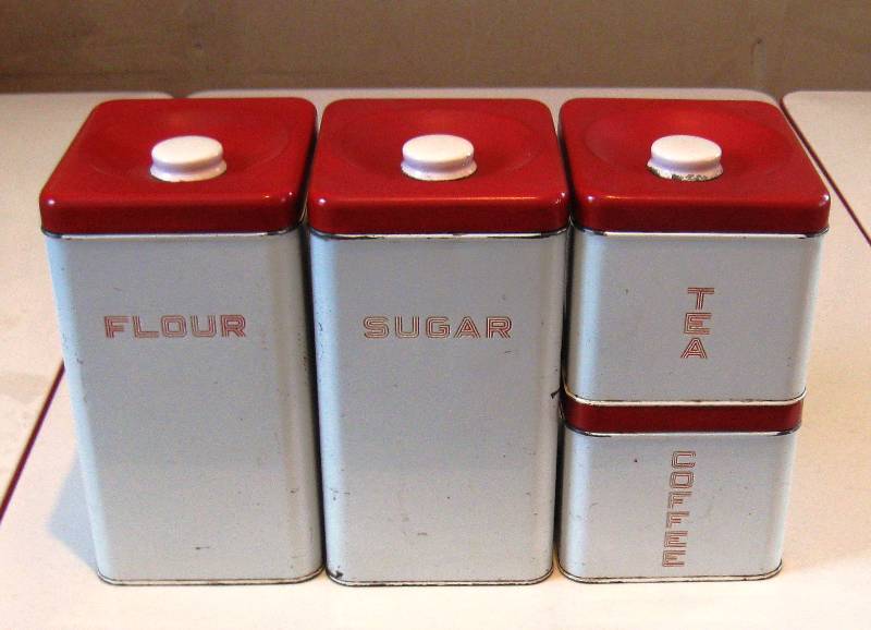 lot 012 image: Vintage Red & White Enamel Shelf & Canister Set