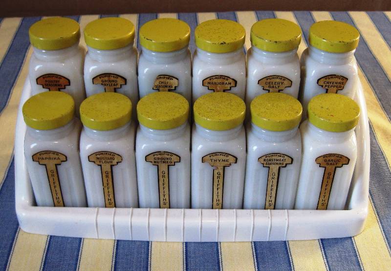 lot 023 image: Circa 1940s Spice Set wPlastic Art Deco Stand