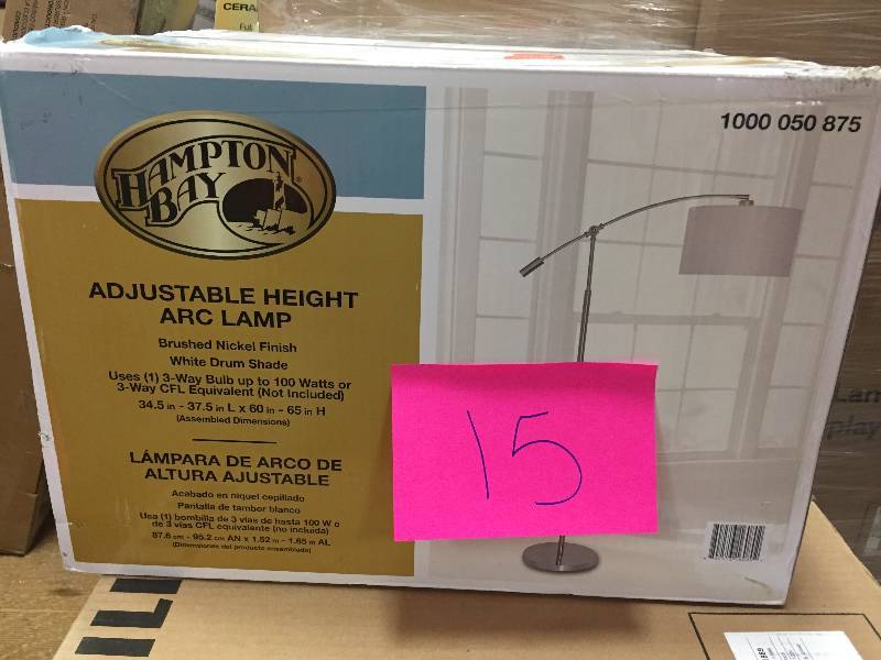 lot 15 image: Hampton Bay 63.75 in. Brushed Steel Adjustable Height Arc Lamp open box