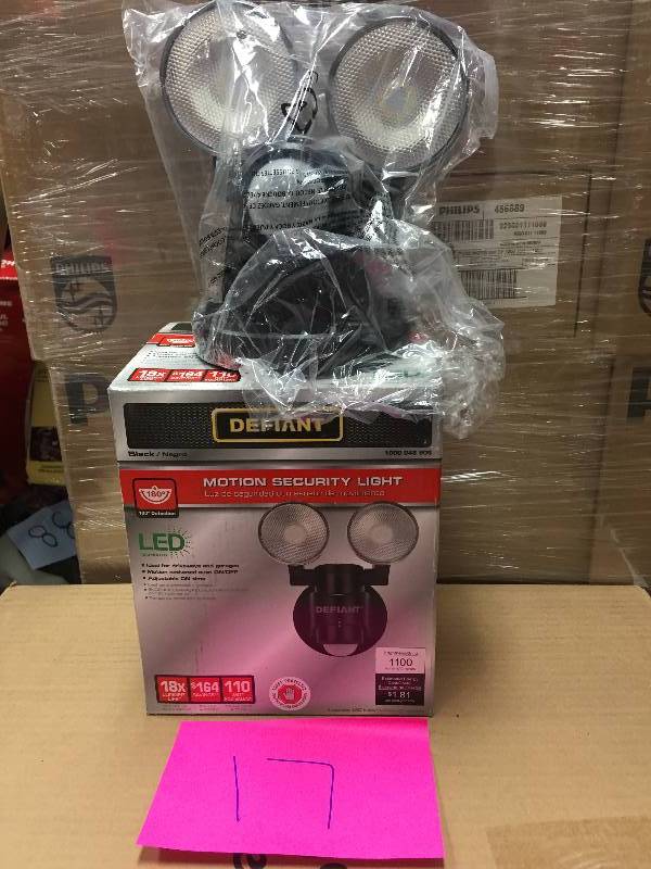 lot 17 image: Defiant 180 Degree 2-Head Black Motion Activated Outdoor Flood Light open box