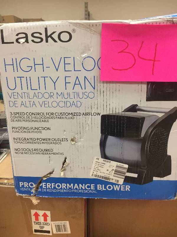 lot 34 image: Lasko Pro-Performance High Velocity Pivoting Blower Fan open box