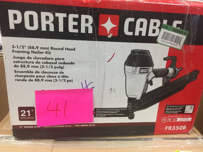 lot 41 image: Porter-Cable 3-12 in. 21 Degree Full Round Framing Nailer open box never used Model # FR350B