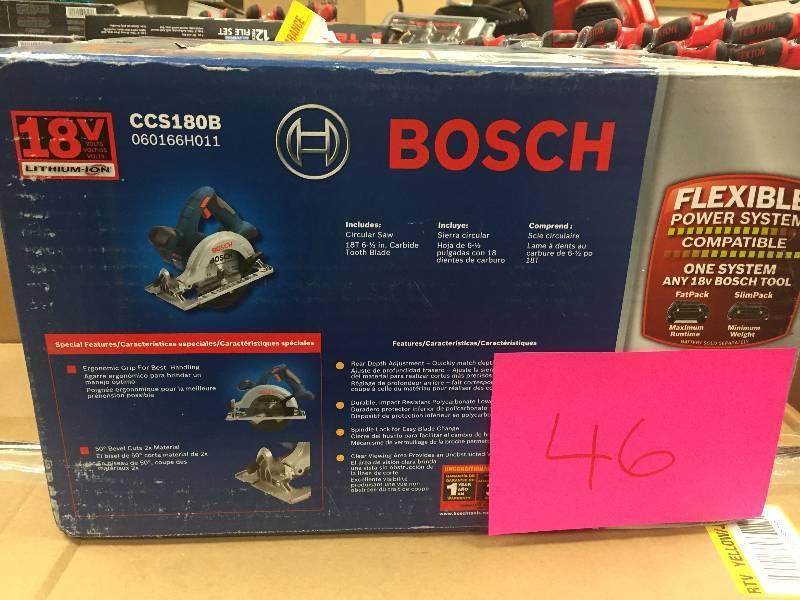lot 46 image: Bosch 18 Volt Lithium-Ion Cordless Electric 6-12 in. Power Circular Saw Model#  CCS180B  open box never used