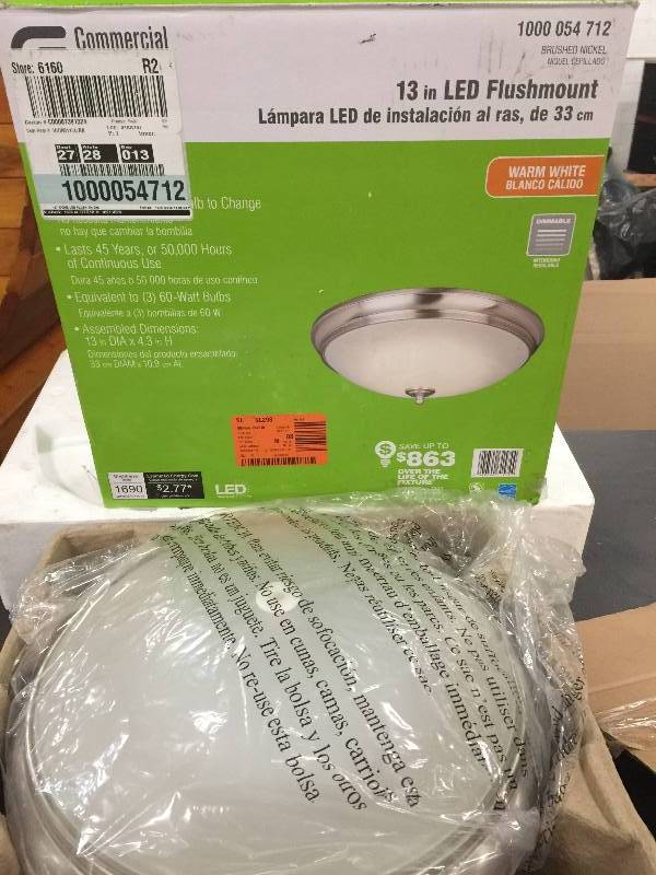 lot 66 image: Commercial Electric Brushed Nickel LED Flushmount 13 in LED Flushmount,Frosted White Glass