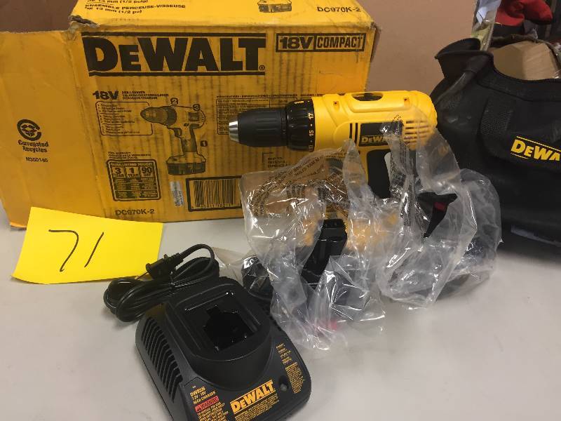 lot 71 image: DEWALT 18-Volt Ni-Cad 12 in. Compact DrillDriver Kit open box never used