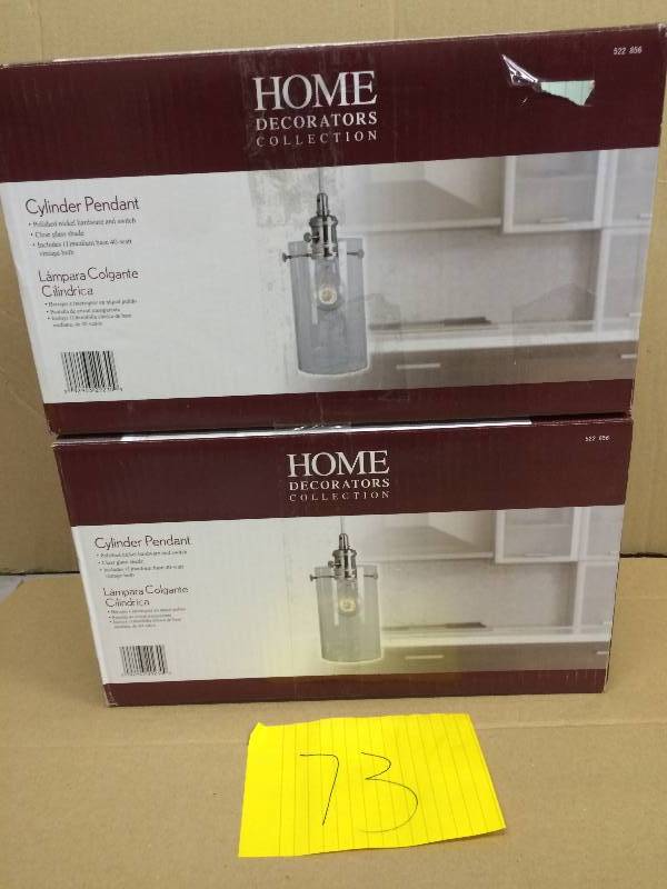 lot 73 image: Lot of 2 Modern Contemporary Mini-Pendant Kitchen Island Light Clear Glass Cylinder Retro