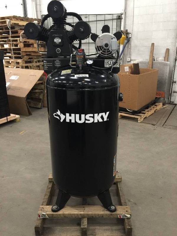 lot 129 image: Husky 80 Gal. 3-Cylinder Single Stage Electric Air Compressor 220 volt