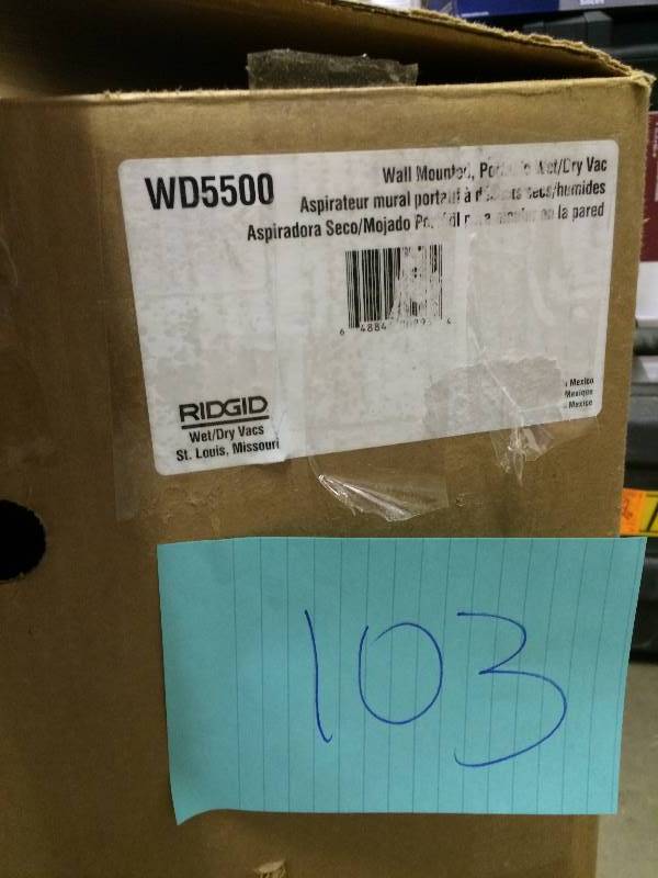lot 103 image: Ridgid Stor-N-Go 5 Gal. 5.0-Peak HP Wet Dry Vac Never used