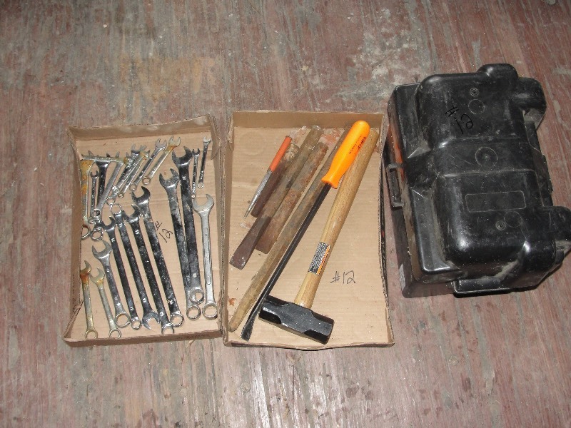 lot 12 image: Misc. Metric Wrenches, Chisels, Hammer, Battery Box