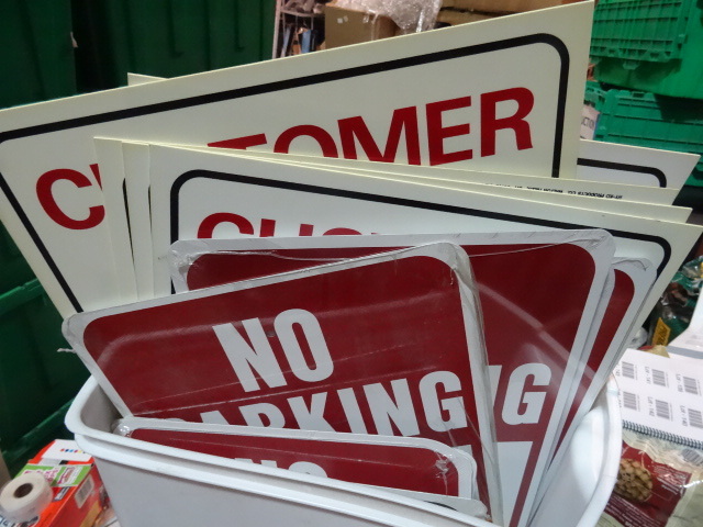lot 141 image: NEW Large LOT Misc. Metal and Plastic Signs incl No Parking, Customer Parking Only, Speed Limit, Handicap, AND MANY MORE. PLUS selection of adhesive lettering. Est. 40 signs. Over $250 retail