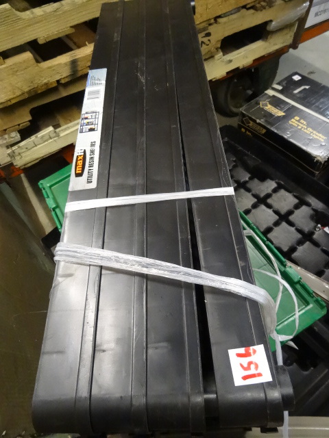 lot 156 image: NEW LOT Incl. MaxIt 4 Shelf Plastic Shelving Unit, Black and Decker cordless grass shear, Qty 2 garbage baskets, 7.5 in Light Globe