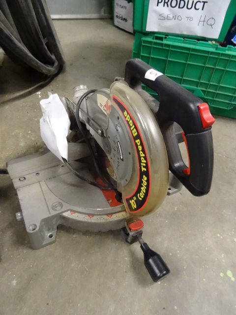 lot 5 image: USED Ace 10 in Compound Mitre Saw with Carbide Abrasive Cutt Off Blade. Works, but blade lock skips making it difficult to change blades. Have to use Vise Grips